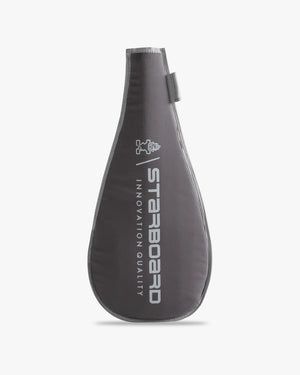 Dark gray SUP paddle blade cover with white logo and strap