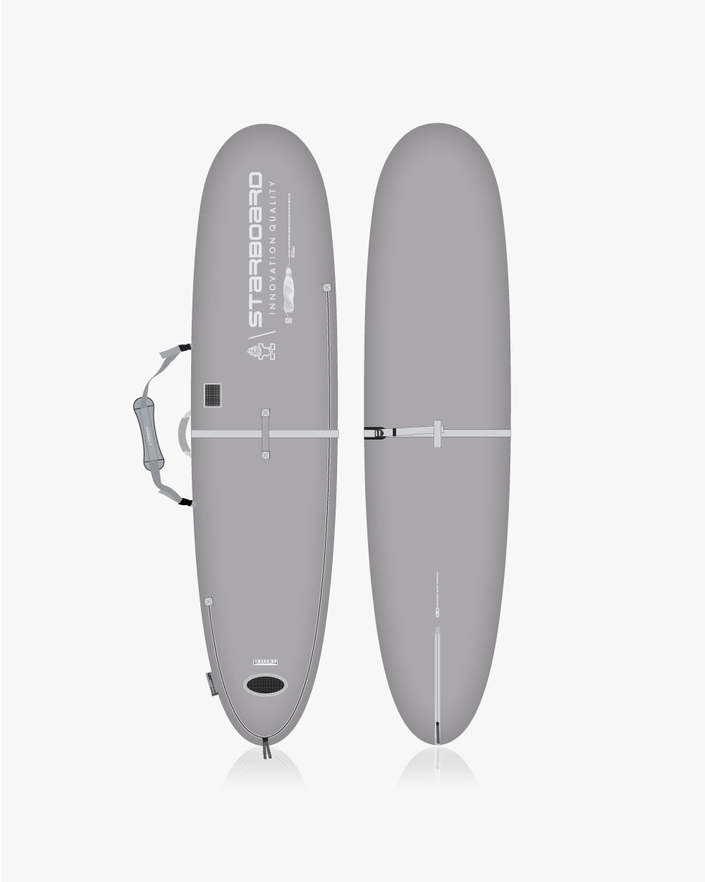Grey SUP Bag TwinFin surfboard with black leash and handle