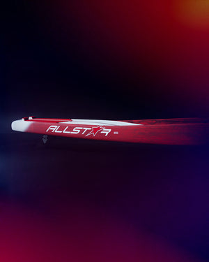 Red Allstar Paddleboard with white accents and black fins