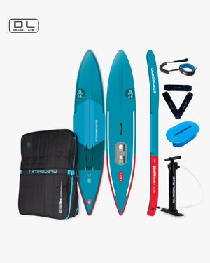 Blue 2025 Ace Air Foil Inflatable Foilboard with red accents and black bag