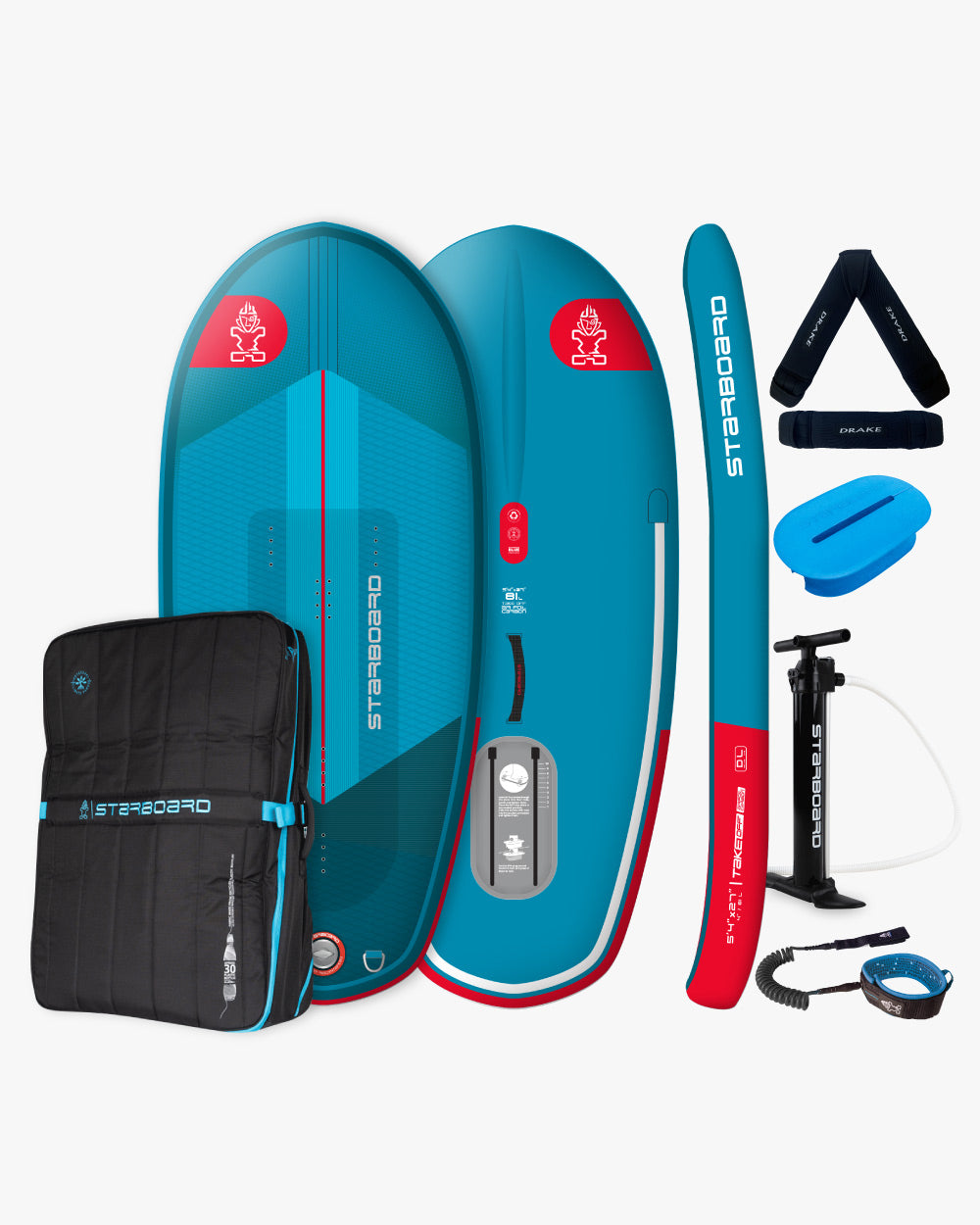 Starboard’s innovative air foil inflatable foilboard in blue with red accents and bag