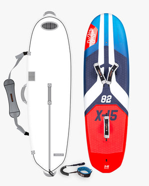 Red and blue X-15 foilboard with white accents, leash, 5’6’’ O’Brien model