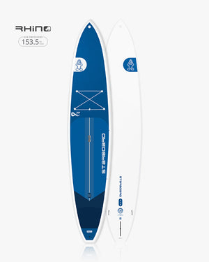 Blue and white inflatable stand-up paddleboard with rhino logo, 2025 Generation model