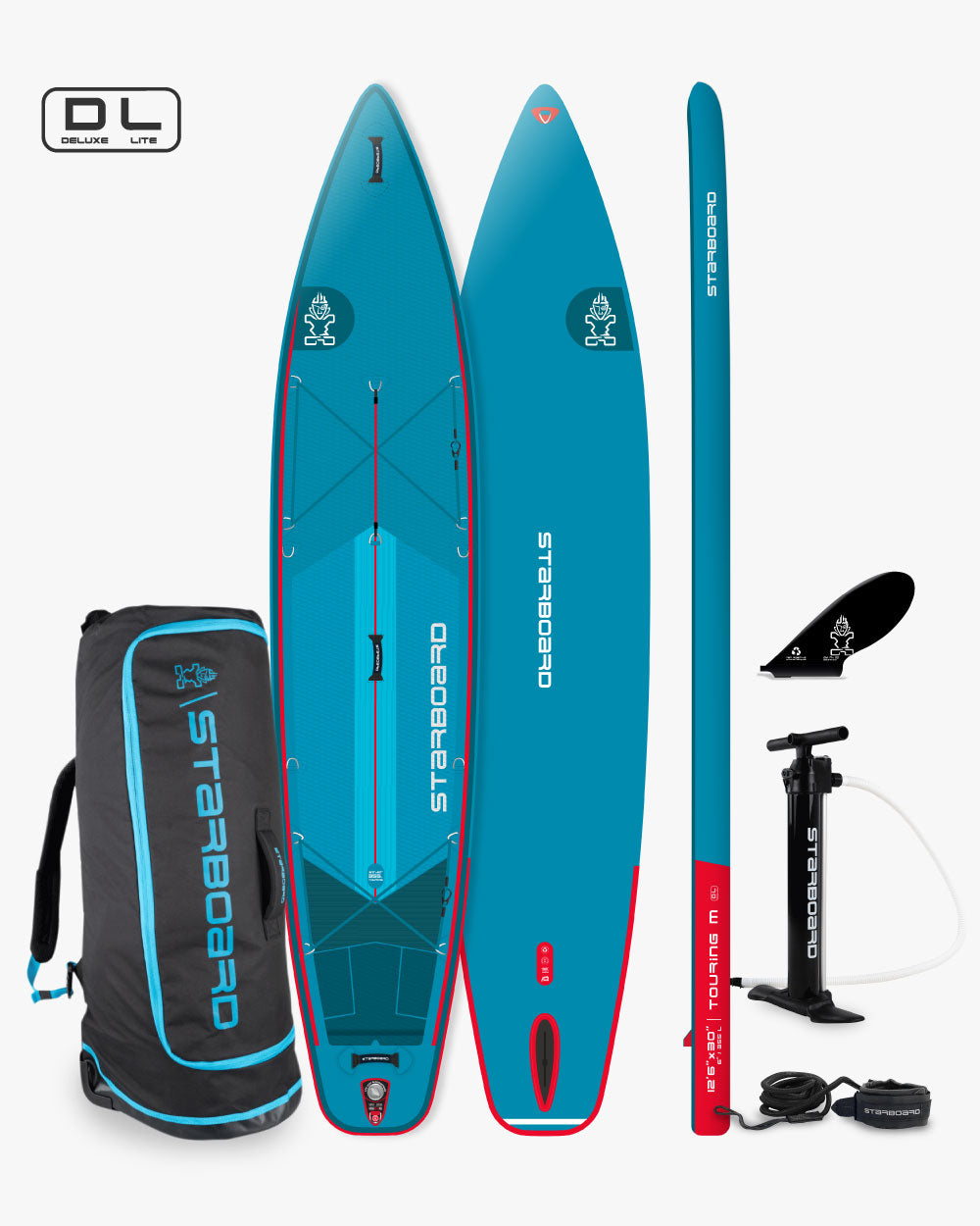 Blue 2025 Touring Inflatable Paddleboard with red accents and black bag