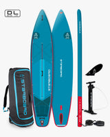 Blue 2025 Touring Inflatable Paddleboard with red accents and black bag