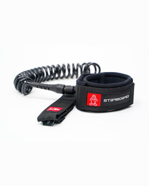 Starboard Coil Leash - Ankle/Calf with black coiled design and red white logo