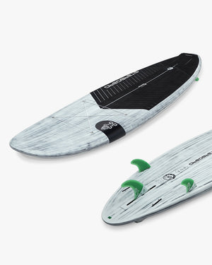 GO Surf Paddleboard with green fins and white wood grain design