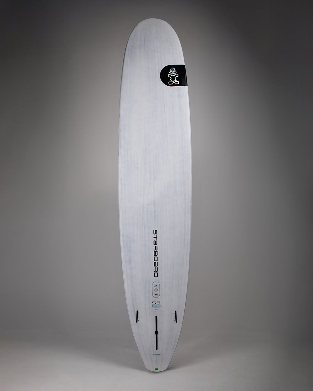 White longboard surf with black logo and polyurethane foam build