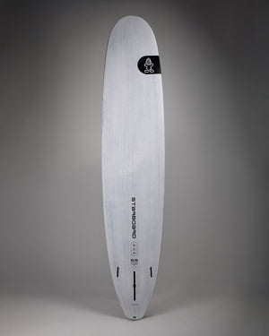 White longboard surf with black logo and polyurethane foam build