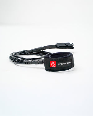 Straight SUP leash in black with Starboard red white logo, ankle calf