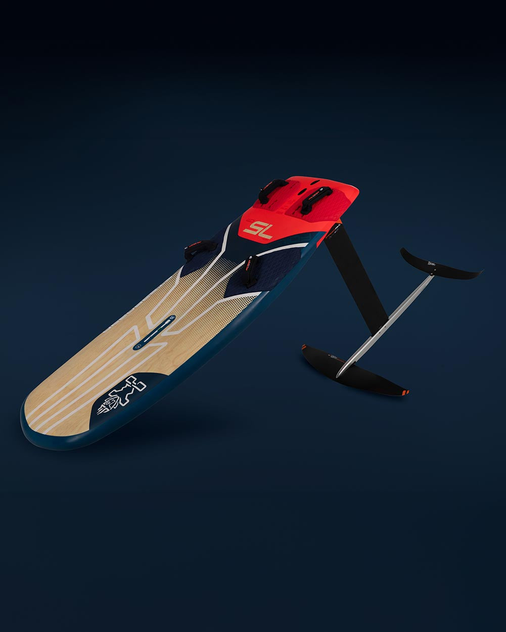 Red and blue Foil FreeRide windfoil board with black fins and white deck graphic
