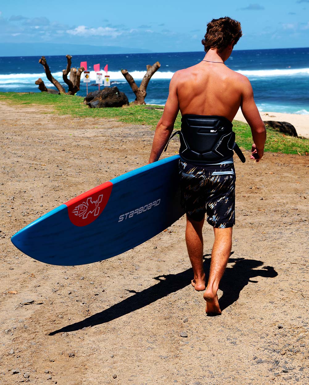 2025 Hyper Windsurf Board with blue red design and black leash