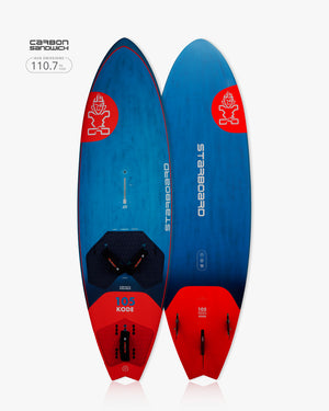 2025 Kode Windsurf Board: Blue and Red Starboard Carbon Sandwich Wakeboard with Black Bindings
