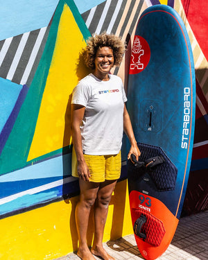 2025 iGNiTE Windsurf Board: blue orange design, black grip, red fins, ocean branding