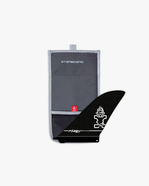 Stereoboard black fin with white logo on Flash SUP Fin 181 prepreg carbon