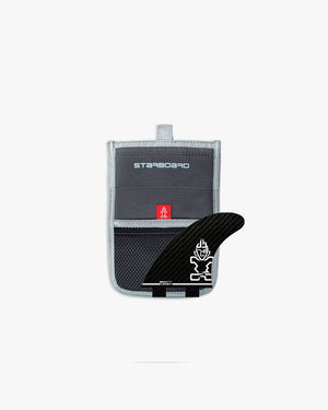 Grey and black starboard wallet with red logo in Prepreg Carbon Surf Side Fins Set