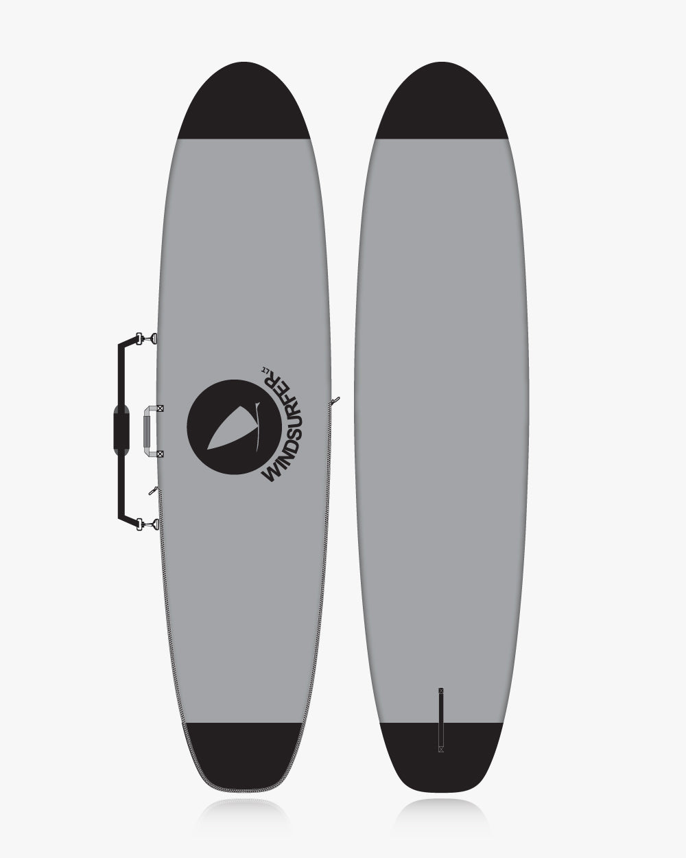 Windsurfer LT Board Bag with 2019 windsurfing softboard, black tips, gray body