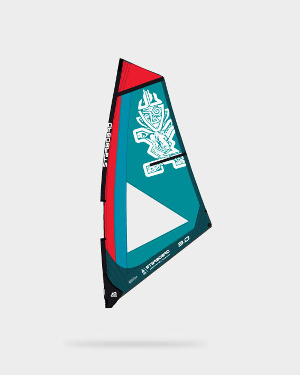 Teal and red SUP Windsurfing Sail Classic with black bird logo and mast base