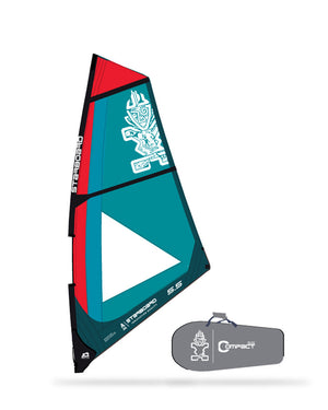 Teal and red North Sails windsurfing sail with compact bag, no mast base
